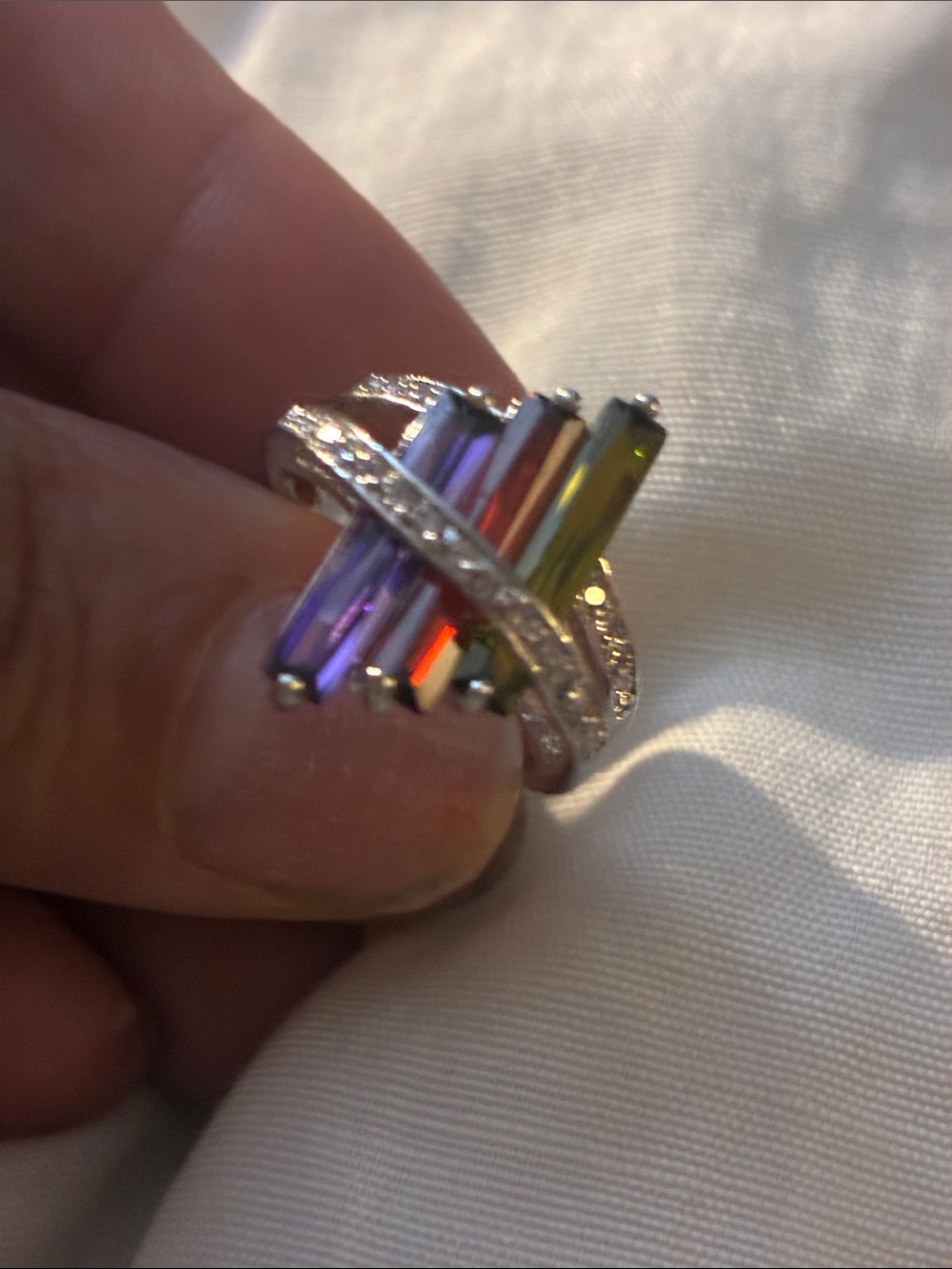 Multicolor Crystal Baguette Ring with Pavé Bands 7